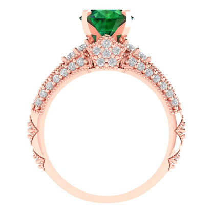 2.095 cttw Round Cut Simulated Emerald Bridal Set - Solid Rose Gold Engagement Ring & Wedding Band