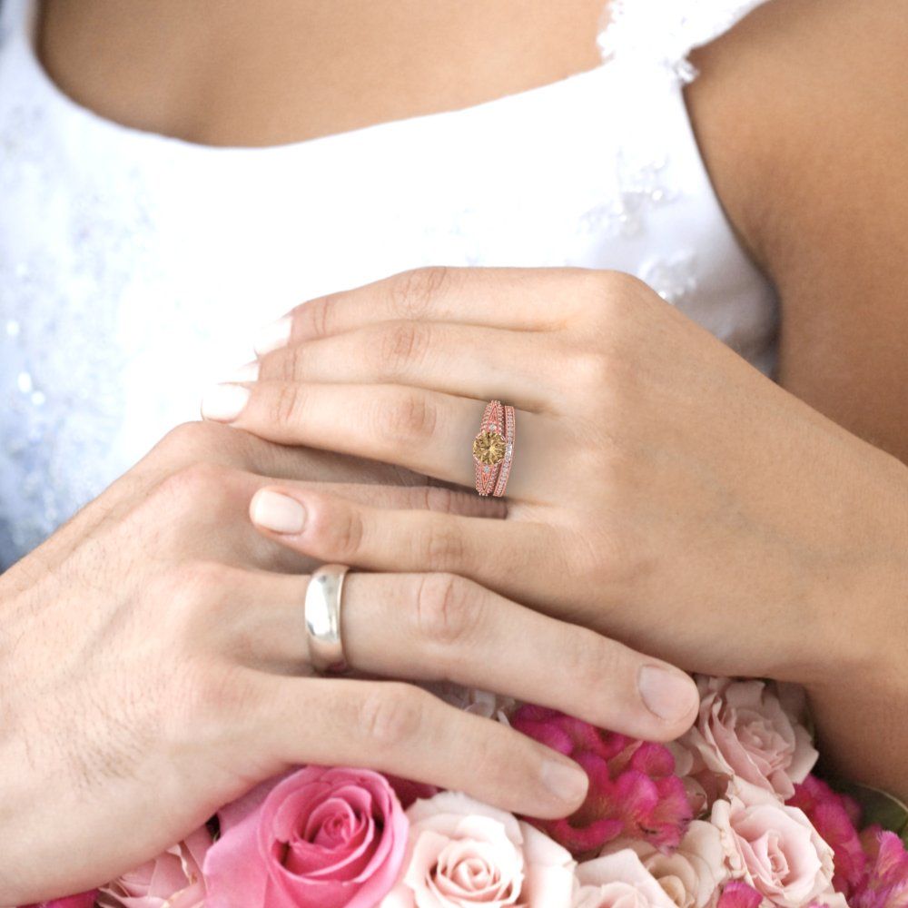 2.095 cttw Round Cut Simulated Champagne Diamond Bridal Set - Solid Rose Gold Engagement Ring & Wedding Band