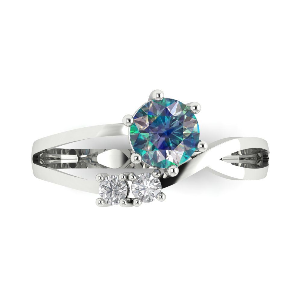 0.87 cttw Blue Moissanite Three-Stone Engagement Ring - Solid White Gold (VVS1, Round Cut,6.0mm)