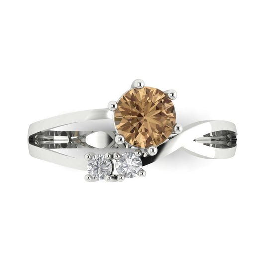 0.87 cttw Zirconia Simulated Champagne Diamond Three-Stone Engagement Ring - Solid White Gold (VVS1, Round Cut,6.0mm)