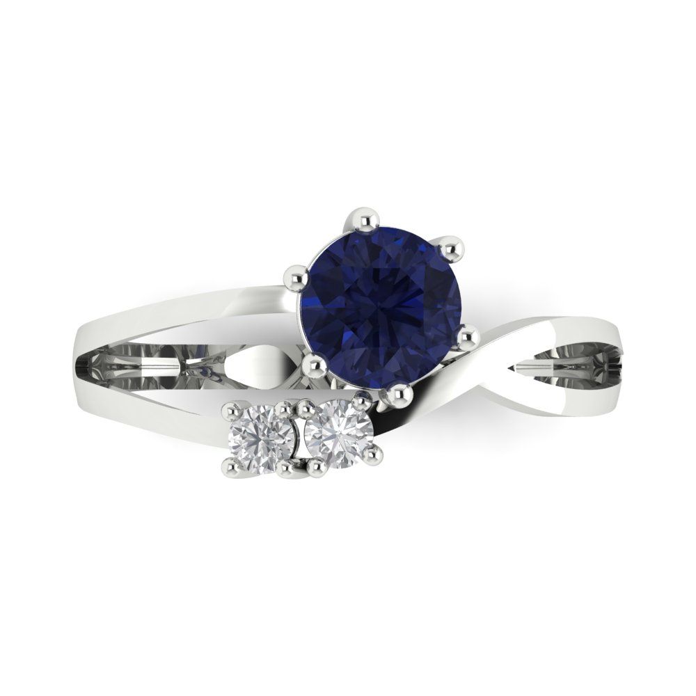 0.87 cttw Simulated Blue Sapphire Three-Stone Engagement Ring - Solid White Gold (VVS1, Round Cut,6.0mm)