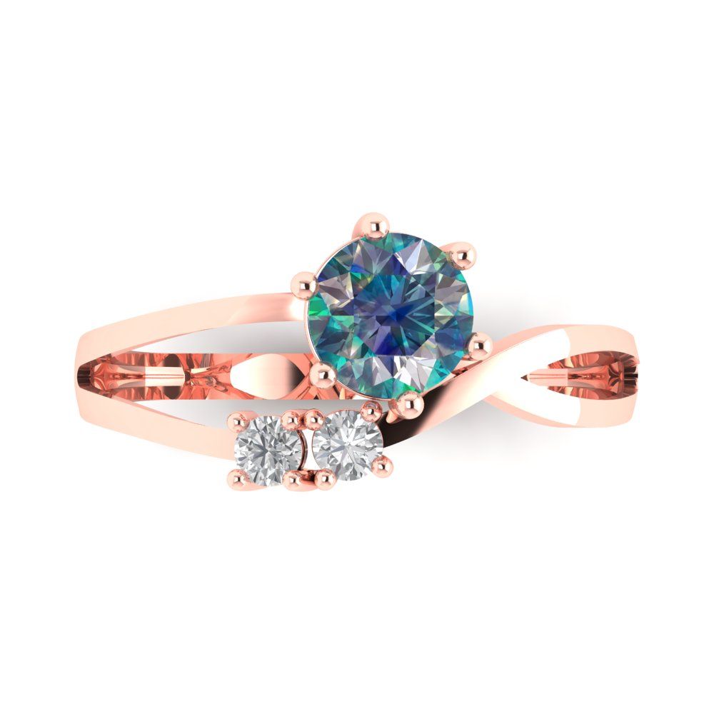 0.87 cttw Blue Moissanite Three-Stone Engagement Ring - Solid Rose Gold (VVS1, Round Cut,6.0mm)