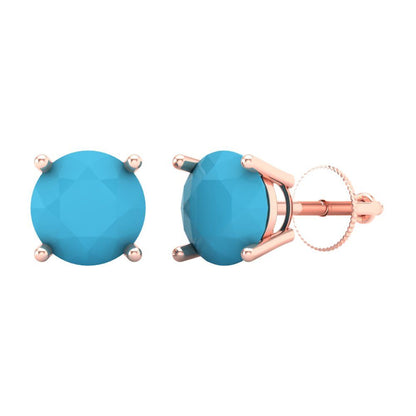 4 ctw Turquoise Studs Earrings | 8.0mm Round Cut White Gold Screw back | December Birthstone