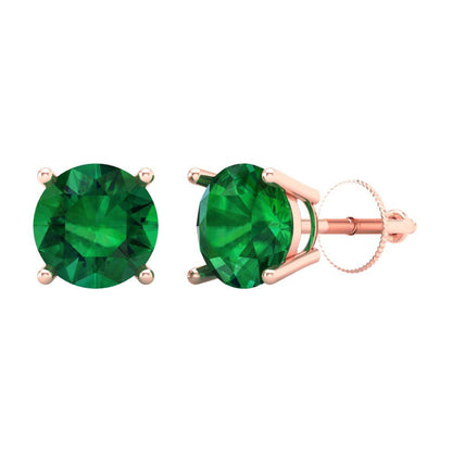 4 ctw Emerald Studs Earrings | 8.0mm Round Cut White Gold Screw back | May Birthstone