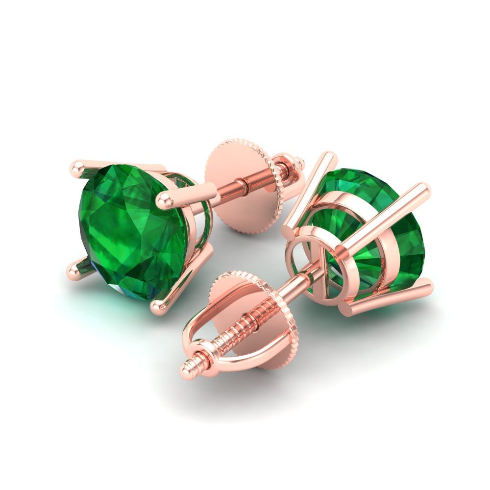 4 ctw Emerald Studs Earrings | 8.0mm Round Cut White Gold Screw back | May Birthstone