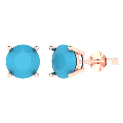 4 ctw Turquoise Studs Earrings | 8.0mm Round Cut White Gold Push Back | December Birthstone