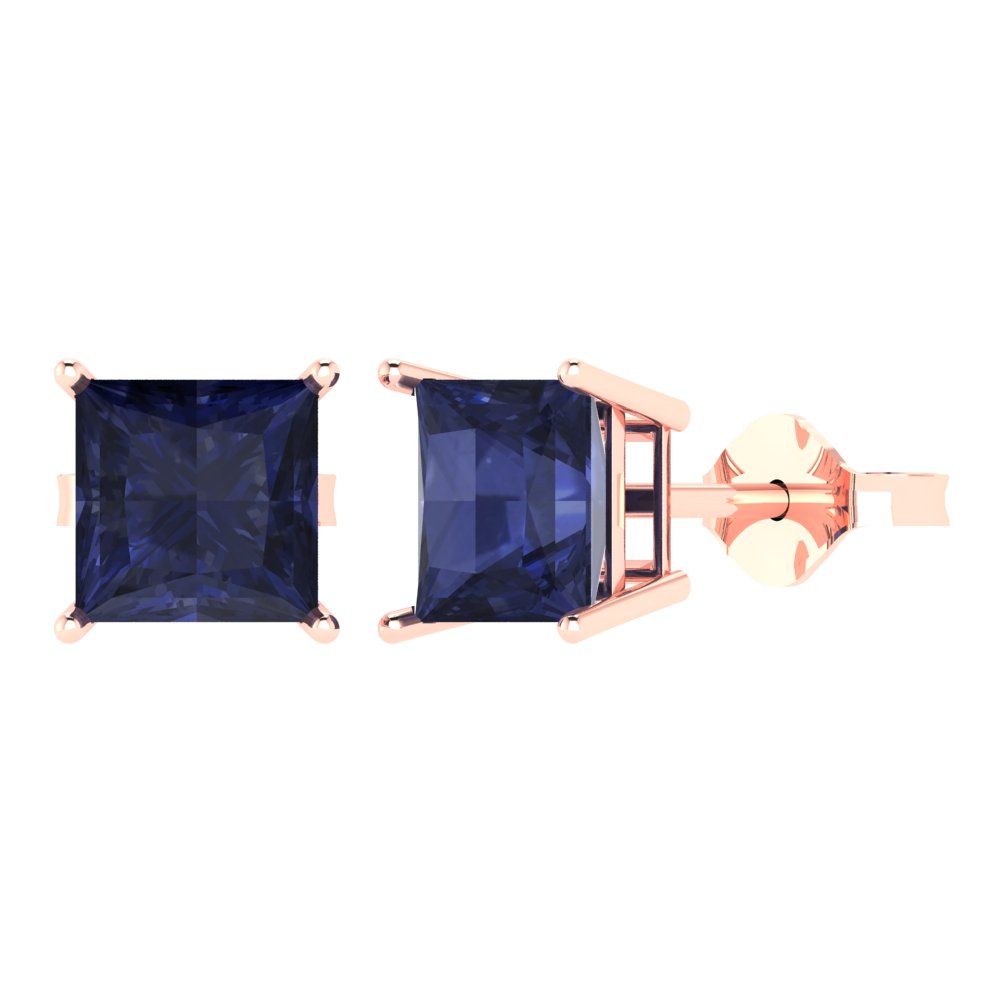 4 ctw Blue Sapphire Studs Earrings | 7.0mm Princess Cut White Gold Push Back | September Birthstone