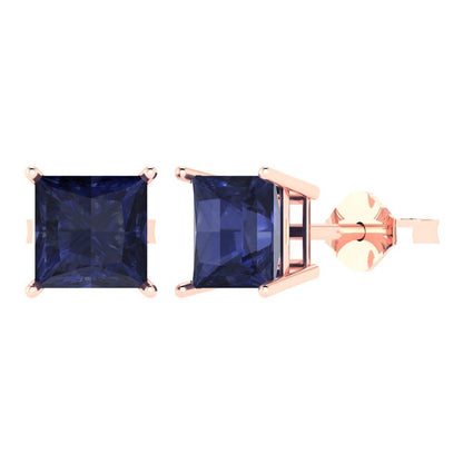 4 ctw Blue Sapphire Studs Earrings | 7.0mm Princess Cut White Gold Push Back | September Birthstone