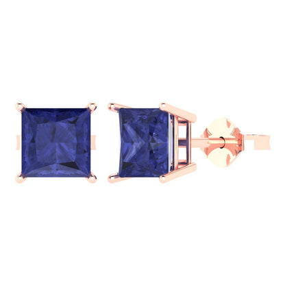 4cttw Princess Cut Simulated Tanzanite Gold-Plated 925 Silver Push Back Stud Earrings