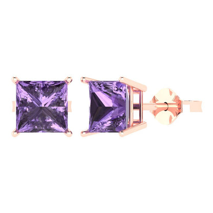 4 ctw Alexandrite Studs Earrings | 7.0mm Princess Cut White Gold Push Back | June Birthstone