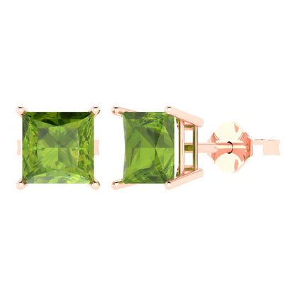 4cttw Princess Cut Natural Peridot Gold-Plated 925 Silver Push Back Stud Earrings