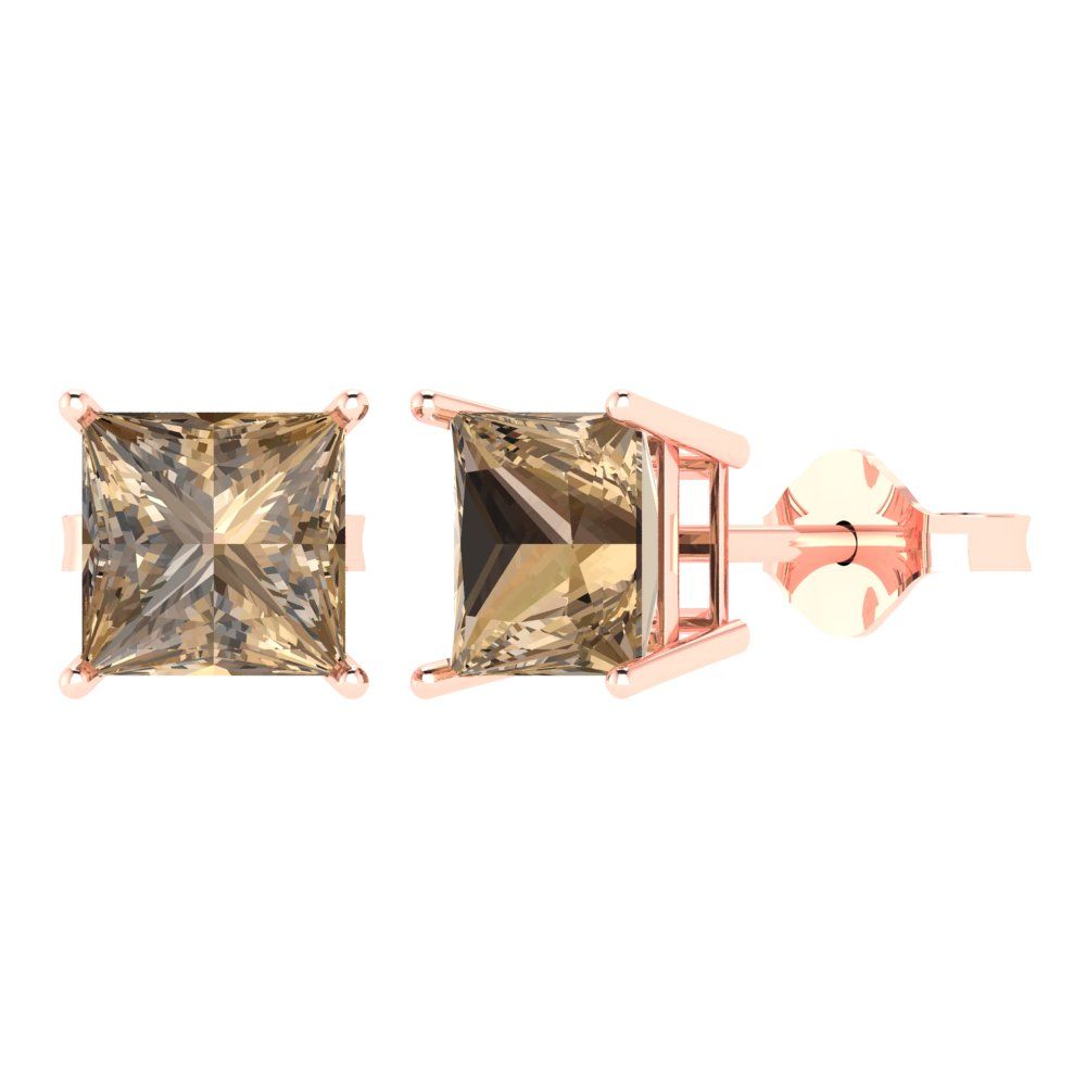 4 ctw Champagne Studs Earrings | 7.0mm Princess Cut White Gold Push Back | April Birthstone