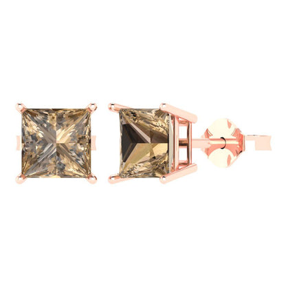 4 ctw Champagne Studs Earrings | 7.0mm Princess Cut White Gold Push Back | April Birthstone