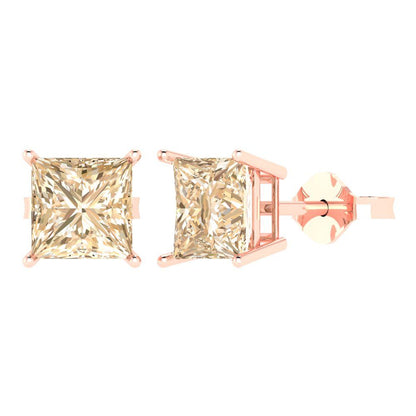 4 ctw Morganite Studs Earrings | 7.0mm Princess Cut White Gold Push Back | February Birthstone