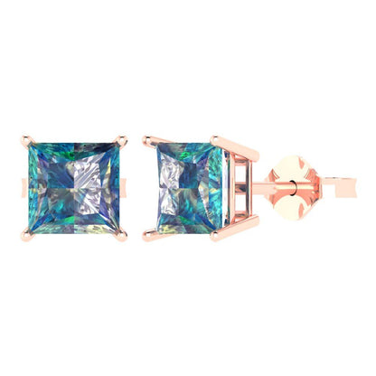 4 ctw Blue Moissanite Studs Earrings | 7.0mm Princess Cut White Gold Push Back | April Birthstone