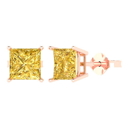 4cttw Princess Cut Natural Citrine Gold-Plated 925 Silver Push Back Stud Earrings