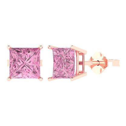 4 ctw Pink Zirconia Studs Earrings | 7.0mm Princess Cut White Gold Push Back | April Birthstone
