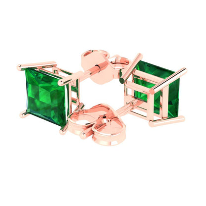 4cttw Princess Cut Simulated Emerald Gold-Plated 925 Silver Push Back Stud Earrings