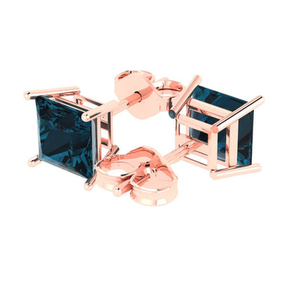 4 ctw London Blue Topaz Studs Earrings | 7.0mm Princess Cut White Gold Push Back | December Birthstone