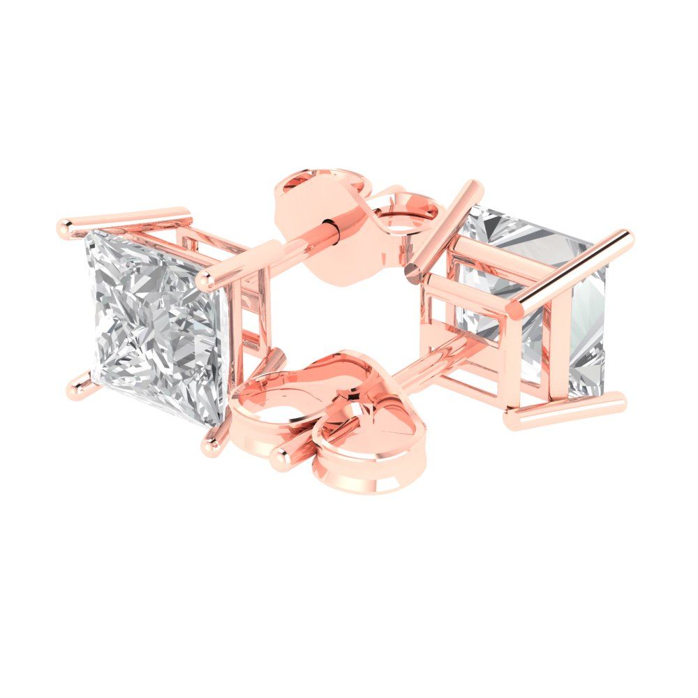 4 ctw Moissanite Studs Earrings | 7.0mm Princess Cut White Gold Push Back | April Birthstone
