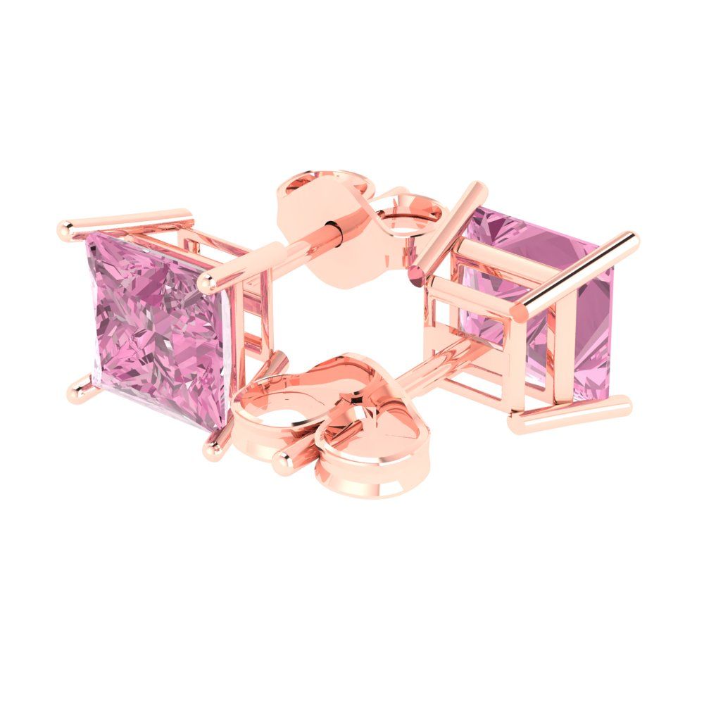 4 ctw Pink Zirconia Studs Earrings | 7.0mm Princess Cut White Gold Push Back | April Birthstone