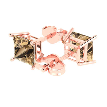 4 ctw Champagne Studs Earrings | 7.0mm Princess Cut White Gold Push Back | April Birthstone