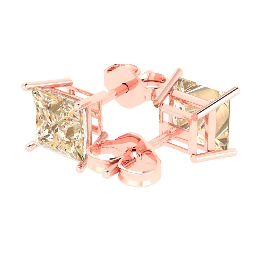 4 ctw Morganite Studs Earrings | 7.0mm Princess Cut White Gold Push Back | February Birthstone