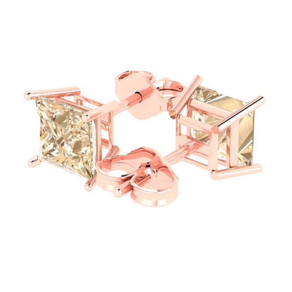 4 ctw Morganite Studs Earrings | 7.0mm Princess Cut White Gold Push Back | February Birthstone