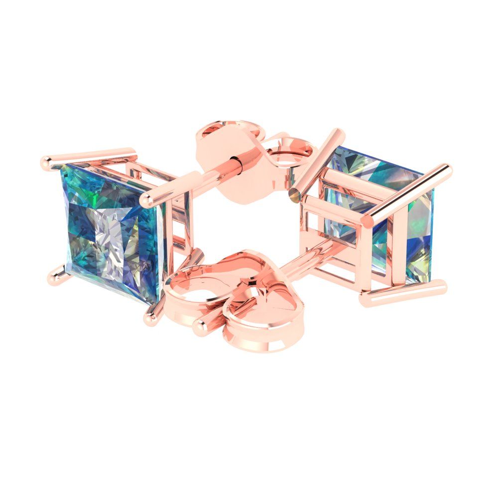 4cttw Princess Cut Blue Moissanite Gold-Plated 925 Silver Push Back Stud Earrings