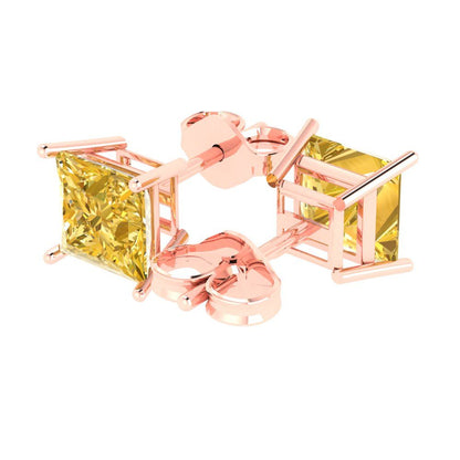 4cttw Princess Cut Natural Citrine Gold-Plated 925 Silver Push Back Stud Earrings