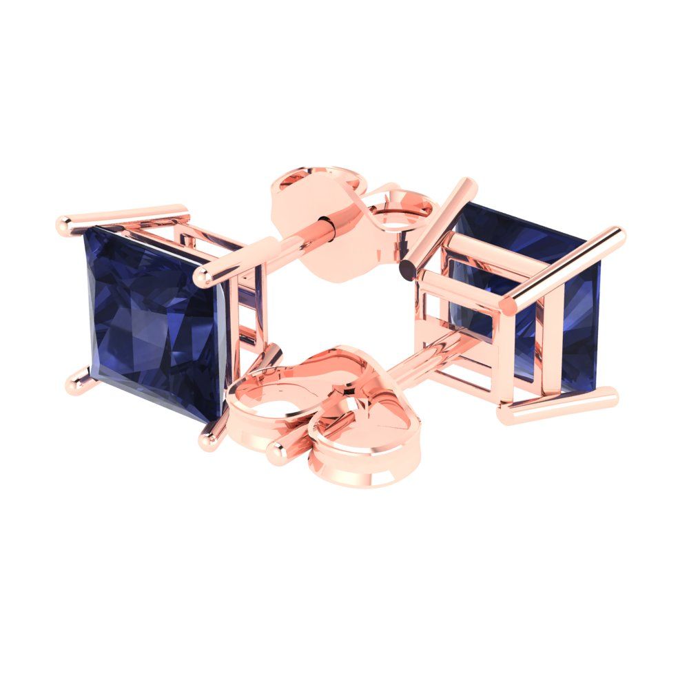 4 ctw Blue Sapphire Studs Earrings | 7.0mm Princess Cut White Gold Push Back | September Birthstone