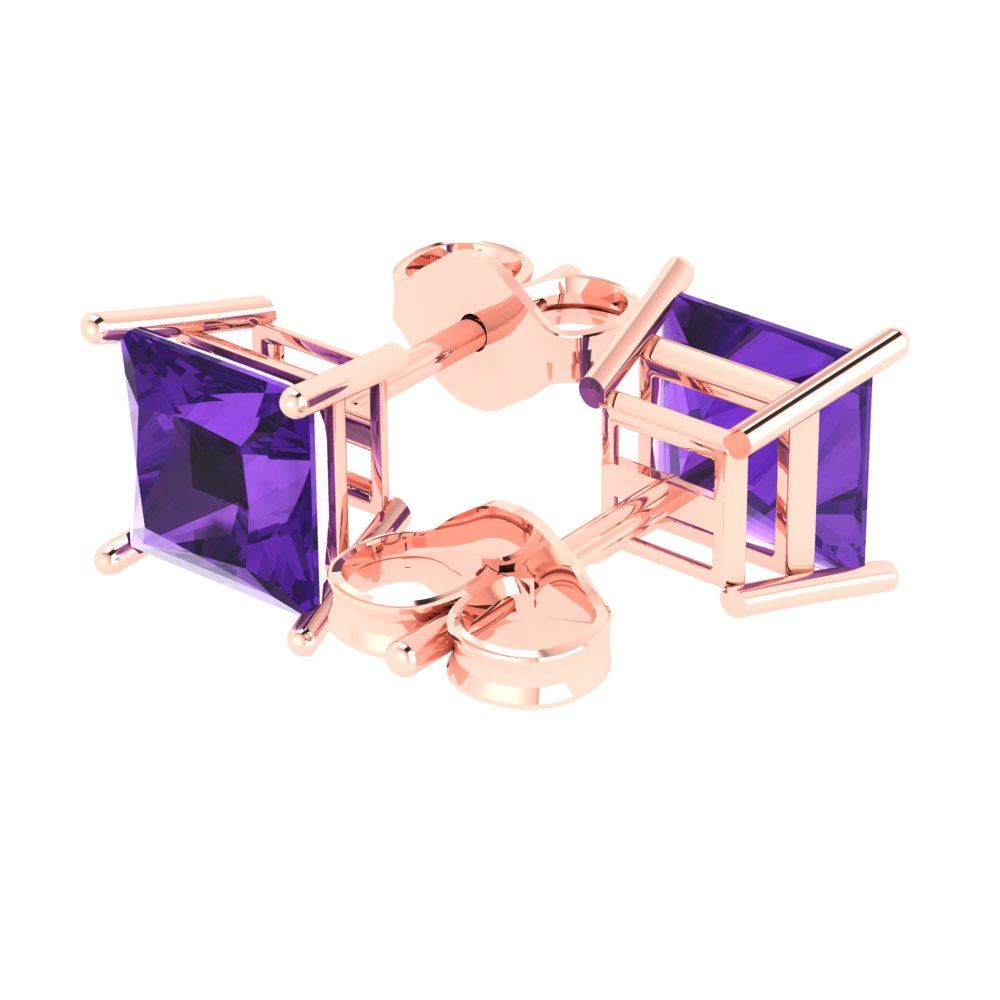 4 ctw Amethyst Studs Earrings | 7.0mm Princess Cut White Gold Push Back | February Birthstone