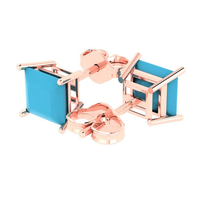 4 ctw Turquoise Studs Earrings | 7.0mm Princess Cut White Gold Push Back | December Birthstone