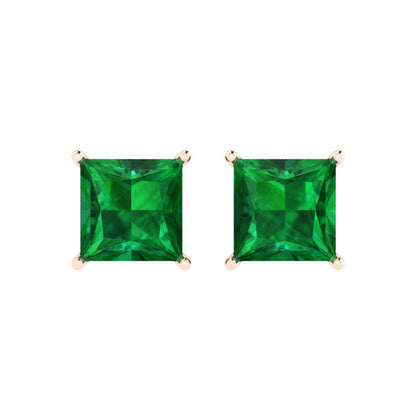 4 ctw Emerald Studs Earrings | 7.0mm Princess Cut White Gold Push Back | May Birthstone