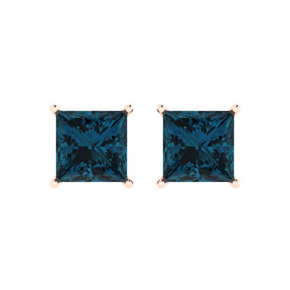 4cttw Princess Cut Natural London Blue Topaz Gold-Plated 925 Silver Push Back Stud Earrings