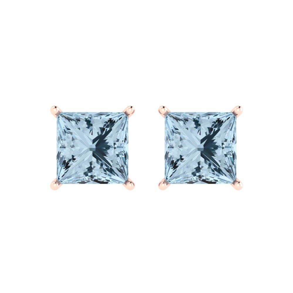 4 ctw Aquamarine Studs Earrings | 7.0mm Princess Cut White Gold Push Back | March Birthstone
