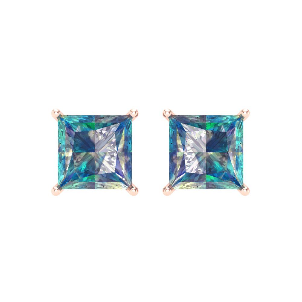 4 ctw Blue Moissanite Studs Earrings | 7.0mm Princess Cut White Gold Push Back | April Birthstone