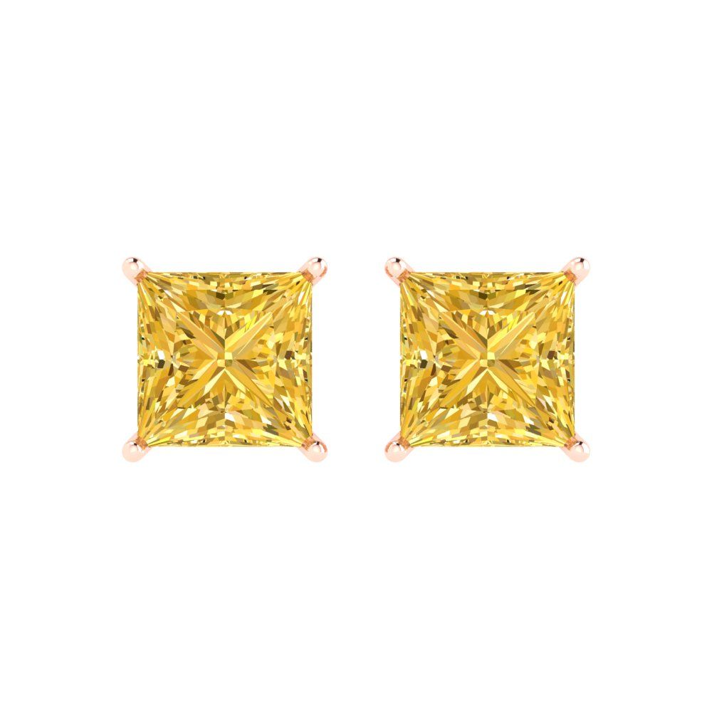 4 ctw Citrine Studs Earrings | 7.0mm Princess Cut White Gold Push Back | November Birthstone