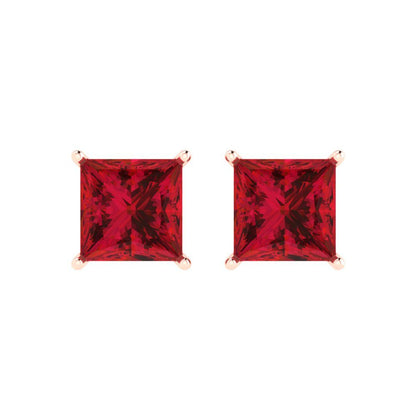 4cttw Princess Cut Simulated Ruby Gold-Plated 925 Silver Push Back Stud Earrings