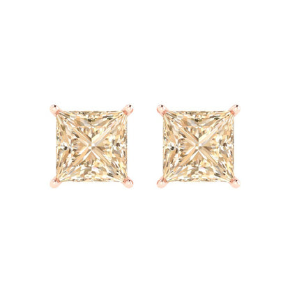 4 ctw Morganite Studs Earrings | 7.0mm Princess Cut White Gold Push Back | February Birthstone
