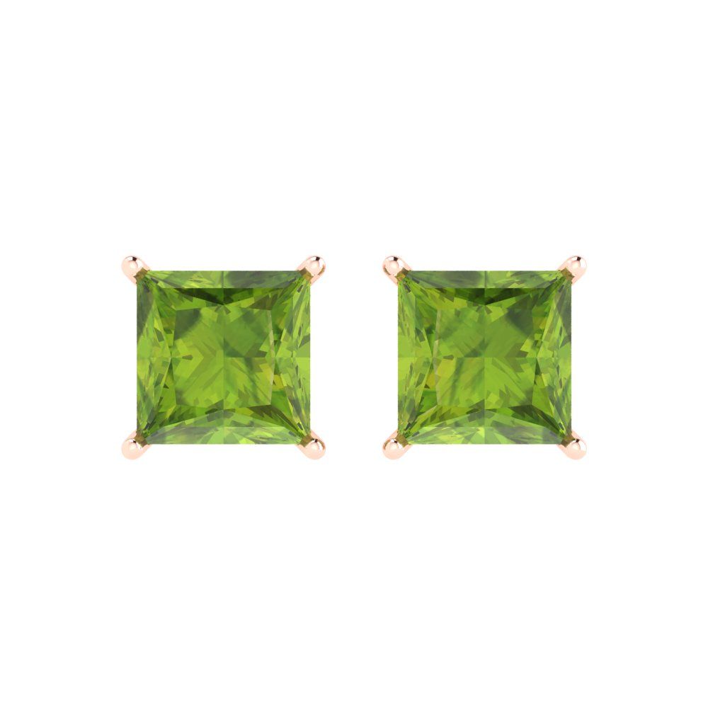 4 ctw Peridot Studs Earrings | 7.0mm Princess Cut White Gold Push Back | August Birthstone