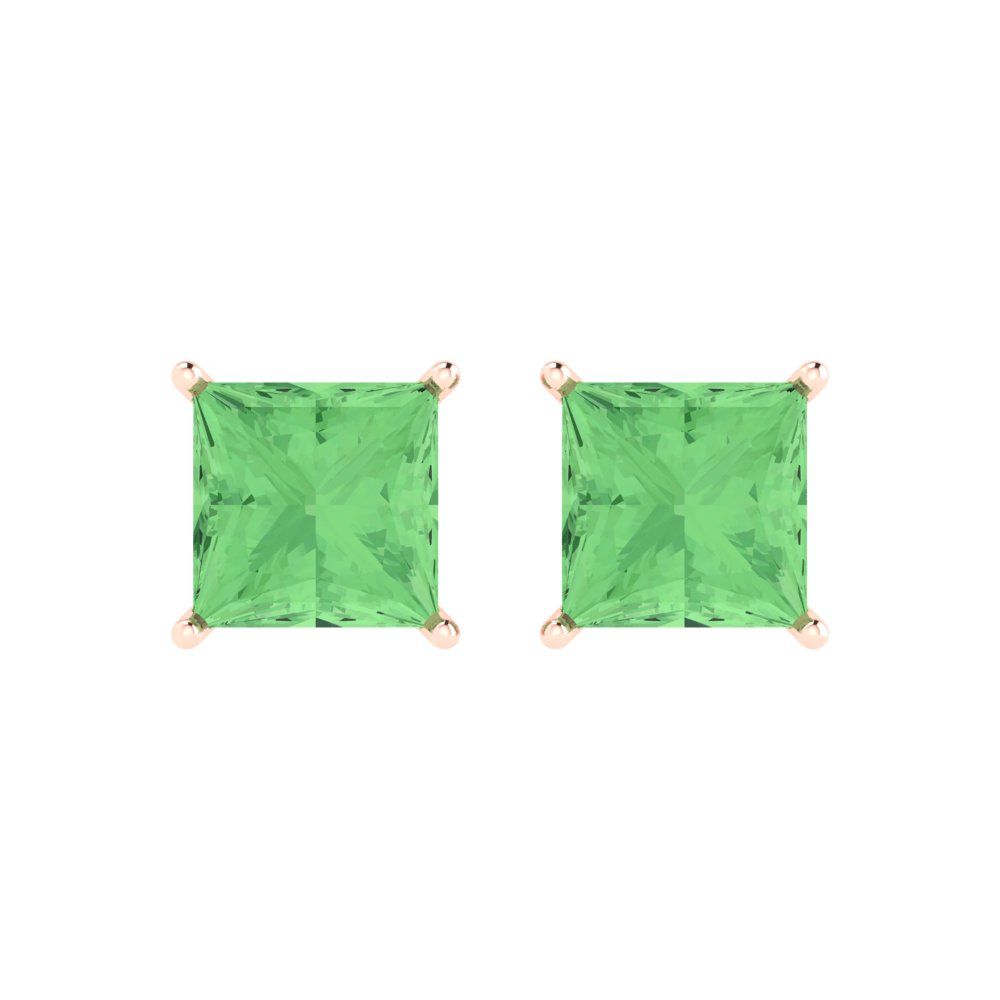 4 ctw Green Zirconia Studs Earrings | 7.0mm Princess Cut White Gold Push Back | April Birthstone