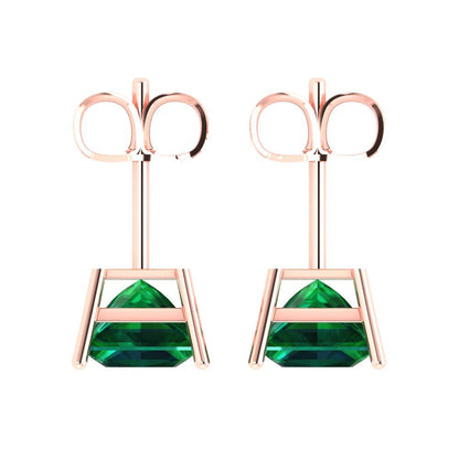 4 ctw Emerald Studs Earrings | 7.0mm Princess Cut White Gold Push Back | May Birthstone