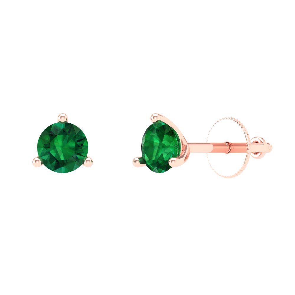 1 ctw Emerald Studs Earrings | 5mm Round Cut White Gold Screw back | May Birthstone