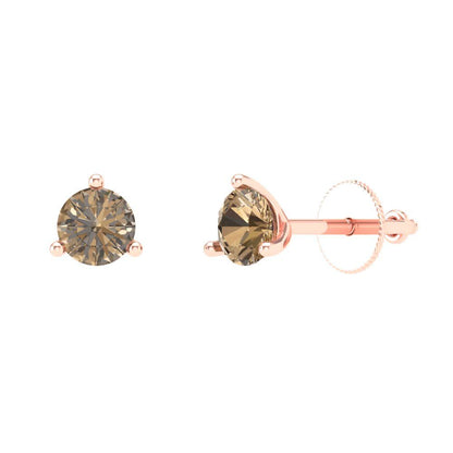 1 ctw Champagne Studs Earrings | 5mm Round Cut White Gold Screw back | April Birthstone