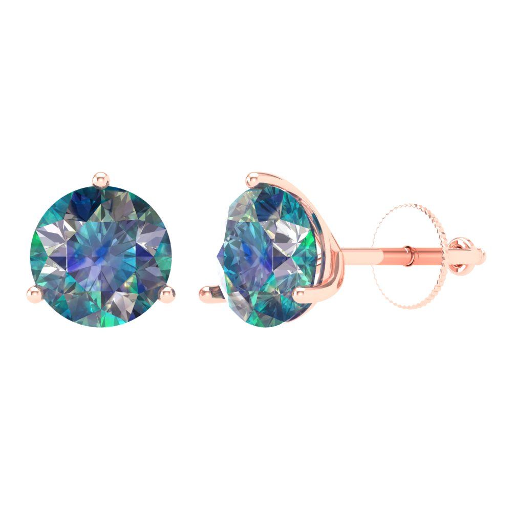 4 ctw Blue Moissanite Studs Earrings | 8.0mm Round Cut White Gold Screw back | April Birthstone