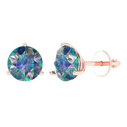 4 ctw Blue Moissanite Studs Earrings | 8.0mm Round Cut White Gold Screw back | April Birthstone