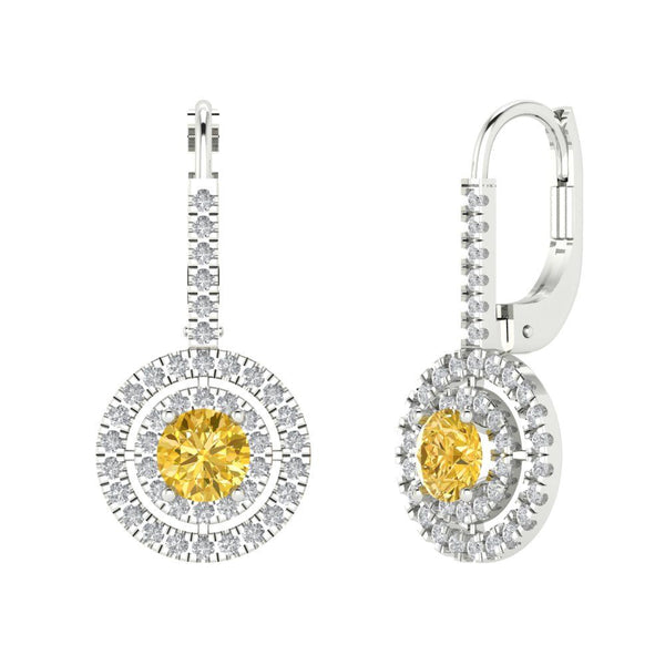 1.79 ct Brilliant Round Cut Halo Drop Dangle Yellow Simulated Diamond Stone White Gold Earrings Lever Back