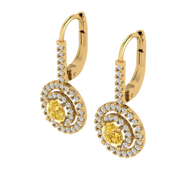 1.79 ct Brilliant Round Cut Halo Drop Dangle Yellow Simulated Diamond Stone Yellow Gold Earrings Lever Back