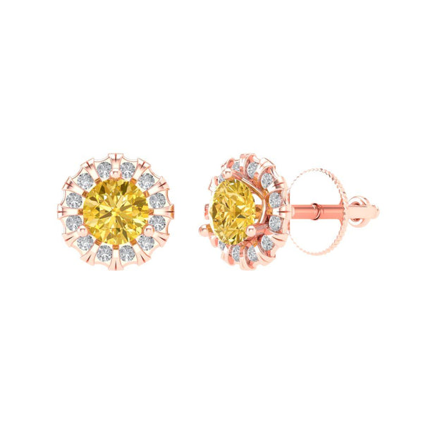 1.18 ct Brilliant Round Cut Halo Studs Yellow Simulated Diamond Stone Rose Gold Earrings Screw back